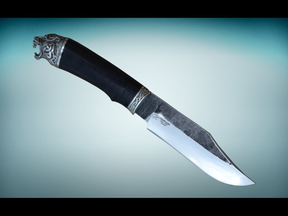 Нож Носорог из стали 9ХС со следами ковки с рукоятью из кожи