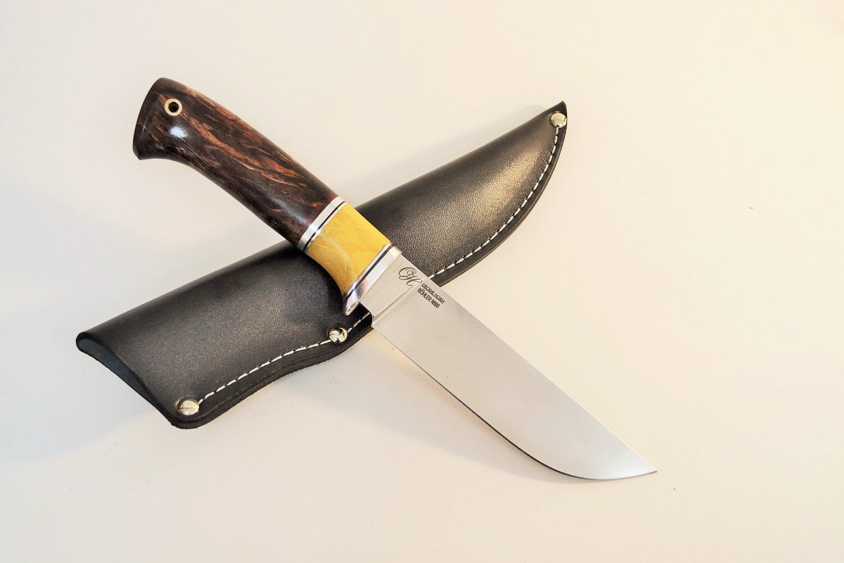 Нож Ласка, сталь N690 Bohler, рукоять - стабилизированное дерево, кап, мельхиор, Окские Ножи