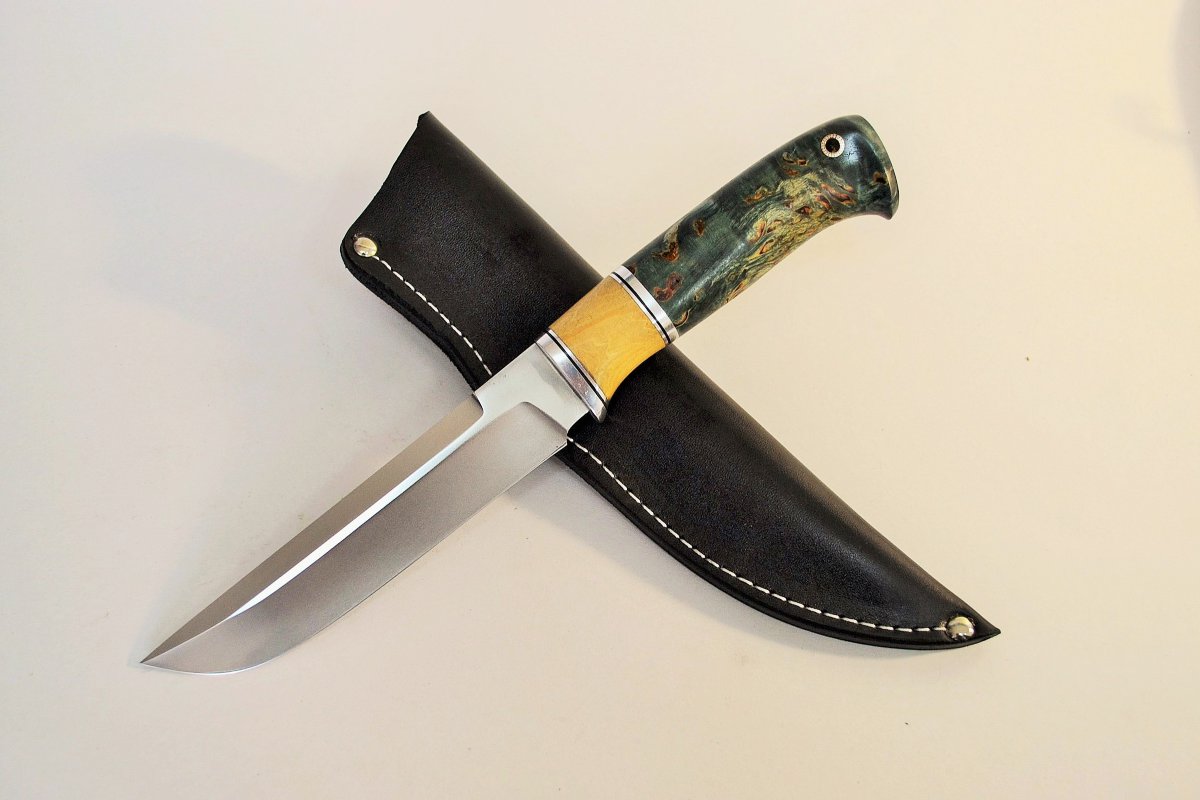 Нож Ласка, сталь N690 Bohler, стабилизирированное дерево, кап, мельхиор, Окские Ножи