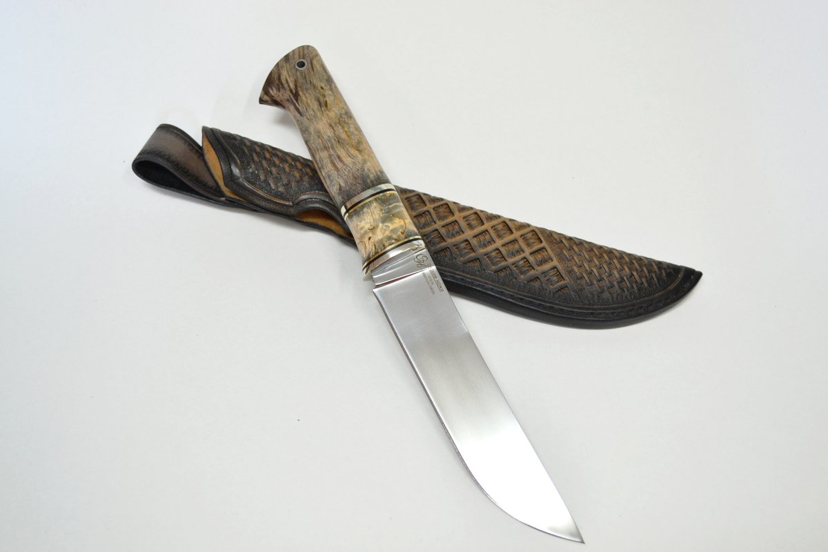 Нож Ласка из стали N690, рукоять - стабилизированная карельская берёза, эксклюзивные ножны, Окские Ножи