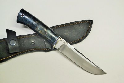 Нож Ласка из стали Elmax c фальшлезвием, рукоять из синего стабилизированного дерева с проставками из фибры и литьем из мельхиора