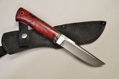 Нож Ласка из стали Elmax c фальшлезвием, рукоять из красного стабилизированного дерева с проставками из фибры и литьем из мельхиора