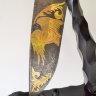 Нож Коршун, композиция Охота Коршуна, из дамаска с позолотой и гравировкой, объемная резьба из граба