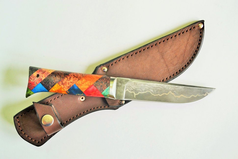 Нож Ласка, композиция Авангард, ламинат из ламинированного дамаска с никелем