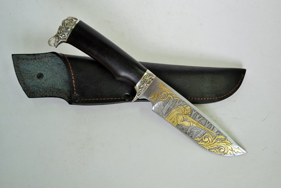 Нож Орел из стали Х12МФ с позолотой и гравировкой, рукоять дерево граб, литье мельхиор