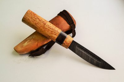 Нож Якутский №22 из дамаска, карелка, венге, латунь, в ножнах