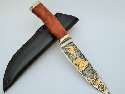 Нож Тукан из стали Х12МФ с позолотой и гравировкой, рукоять дерево бубинго, литье мельхиор