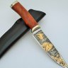 Нож Тукан из стали Х12МФ с позолотой и гравировкой, рукоять из дерева бубинга, литье мельхиор