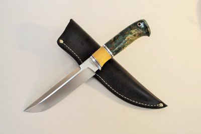 Нож Ласка, сталь N690 Bohler, стабилизирированное дерево, кап, мельхиор