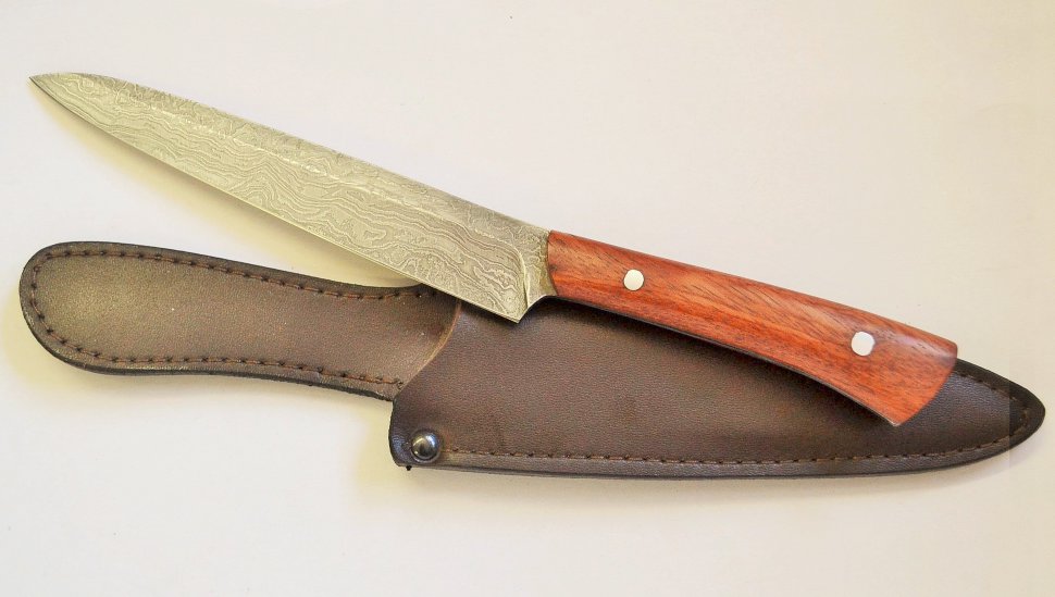 Нож Кухонный шинковочный №6 из дамаска, накладки из граба, ореха, бубинга