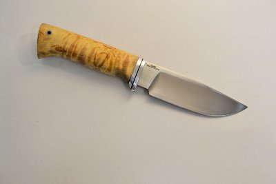 Нож Барсук, клинок из стали К340 Uddeholm, полная взрезка, рукоятка - карельская береза, дюраль, фибра