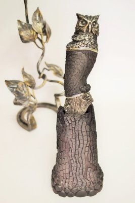 Нож Рысь, дамаск ламинат с никелем, композиция "Филин", объемная резьба