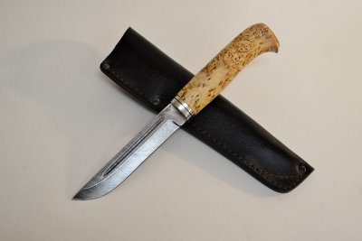 Нож финский Пуукко из дамаска,  карелка, мельхиор