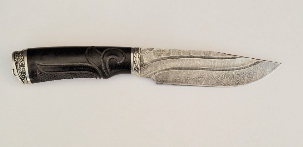 Нож Пума из дамасской стали, Каменный Век, рукоять резная из граба с литьем из мельхиора