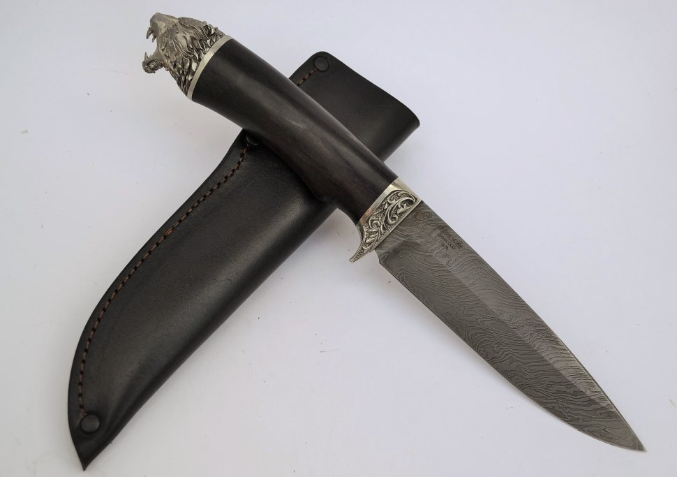 Нож Сокол из дамасской стали, рукоять из граба с литьем из мельхиора