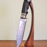 Нож Коршун, композиция Статус из дамасской стали с долом, резная рукоять с гербом