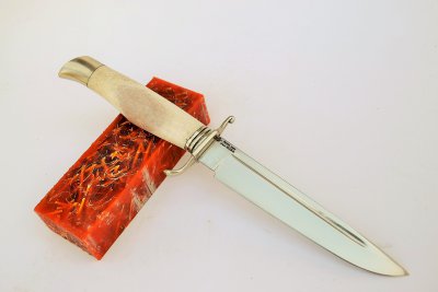 Нож Финка НКВД №4, реплика с клинком из стали из Х12МФ, рукоять - рог лося, литье из мельхиора