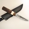 Нож Якут, откованный дол, средний  из дамаска, рукоять стабилизированная карельская берёза, рог, мельхиор
