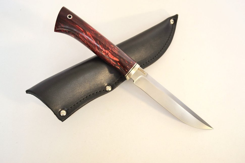 Нож Ирбис, клинок ромб с фальшлезвием, рукоять стабилизированное красное дерево, мельхиор