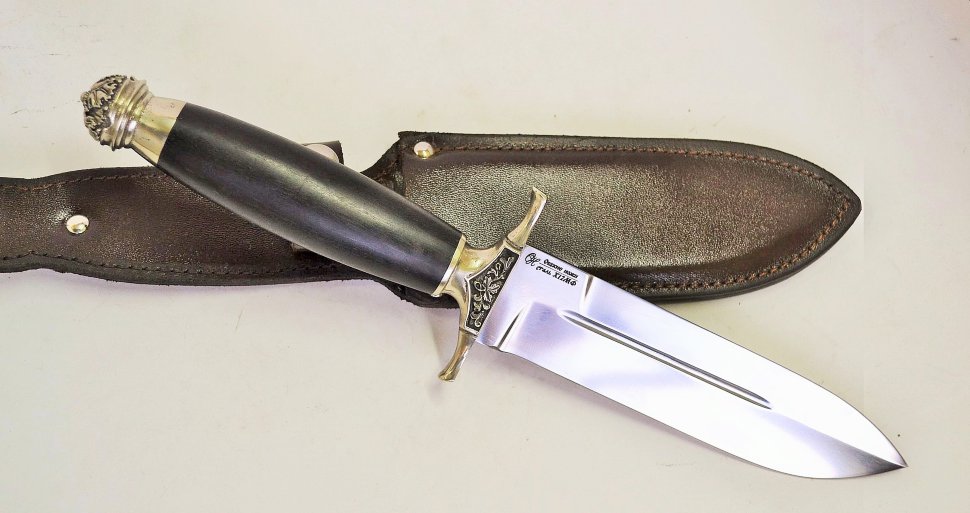 Нож Самсон охотничий, клинок из Х12МФ,  рукоять из мореного граба, литье из мельхиора