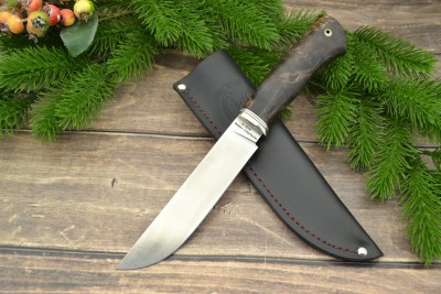 Нож Ласка из стали Böhler S390, полировка сатин, полная взрезка, рукоять стабилизированное дерево,пин, мельхиор