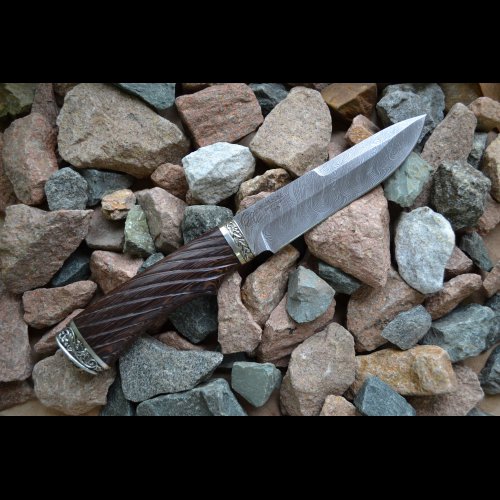 Нож Рысь из дамаска с резной рукоятью Косичка