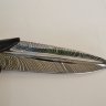 Нож Перо из мозаичного дамаска, настольная композиция Перо в чернильнице из граба