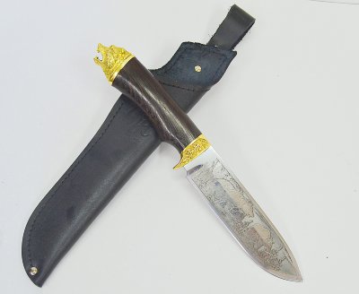 Нож Кабан с гравировкой из нержавеющей стали 95Х18, рукоять из дерева граб, литьё латунь